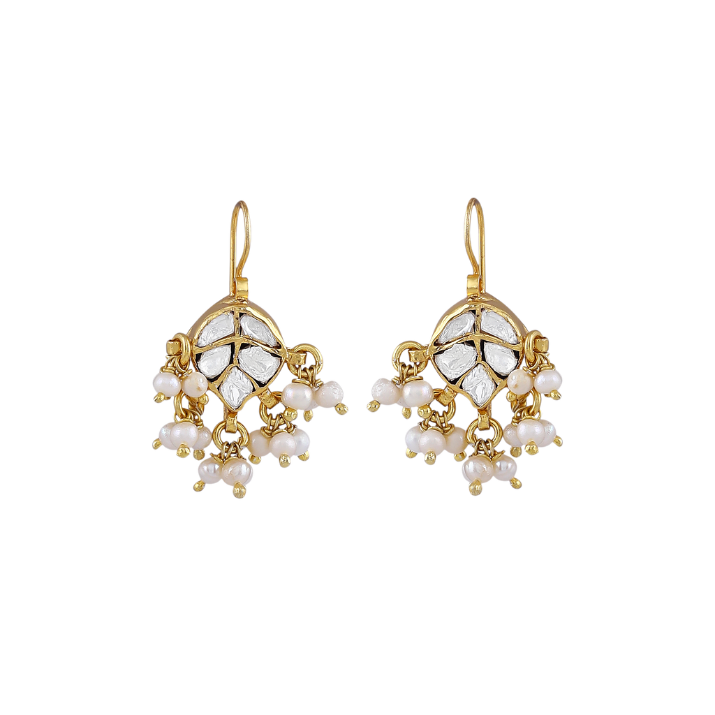Gilded Leaf Polki Pattern Silver Hanging Earrings