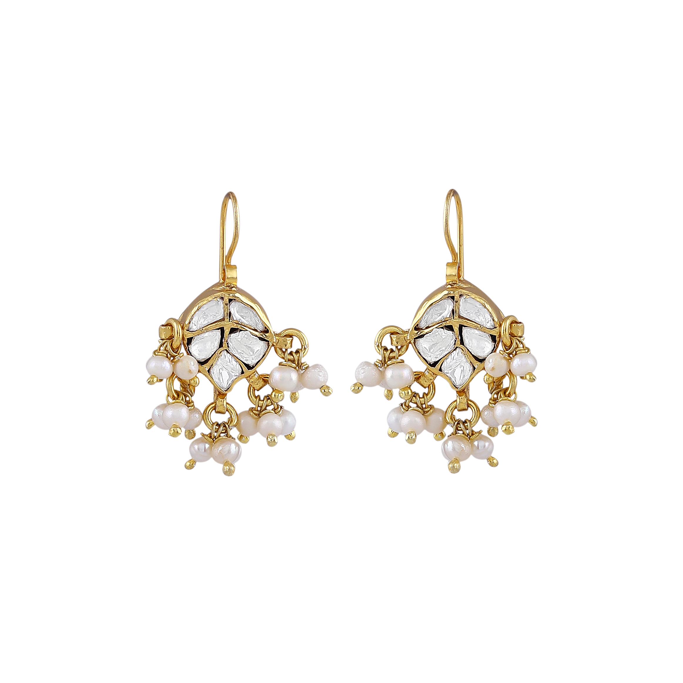 Gilded Leaf Polki Pattern Silver Hanging Earrings