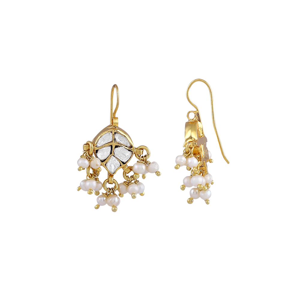 Gilded Leaf Polki Pattern Silver Hanging Earrings