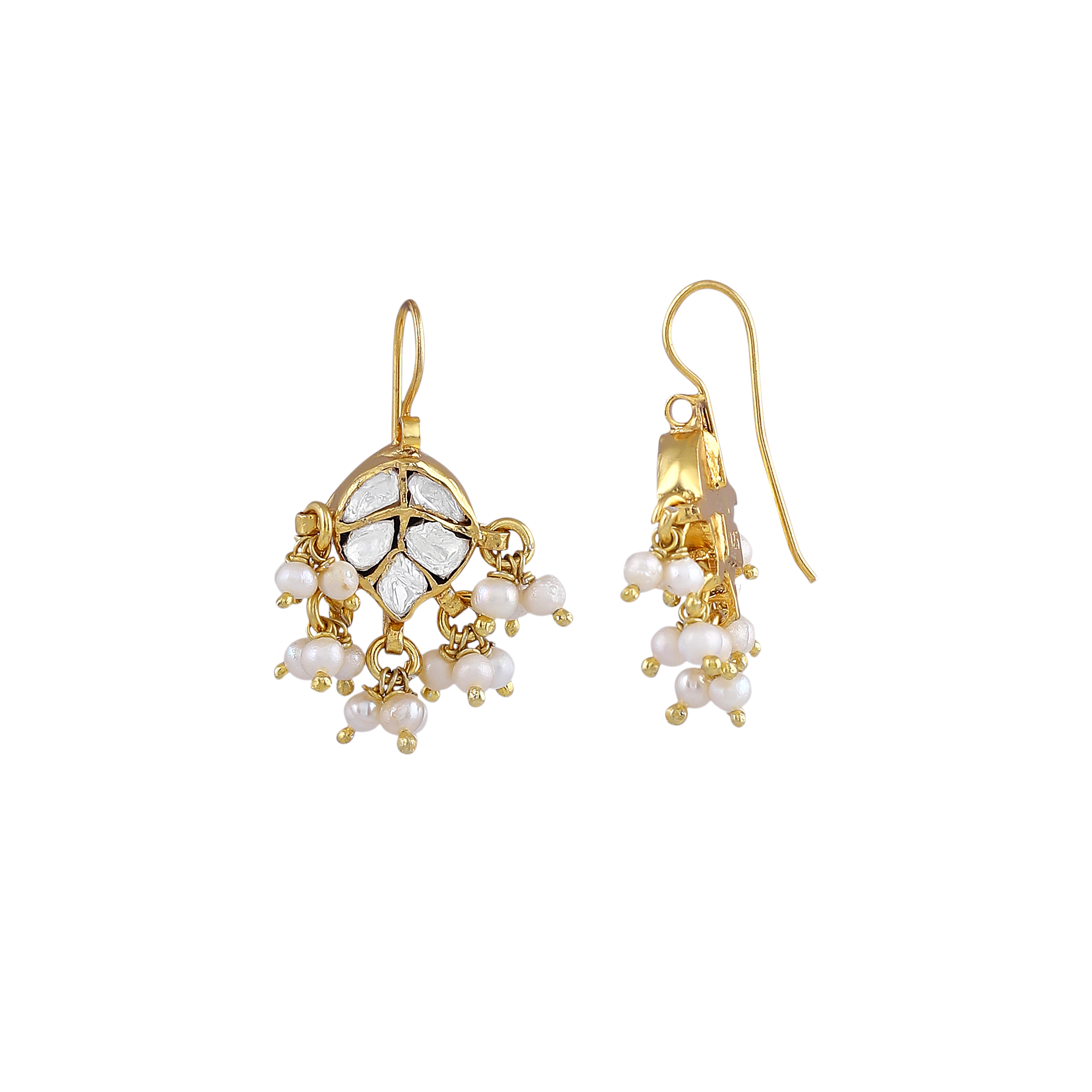 Gilded Leaf Polki Pattern Silver Hanging Earrings