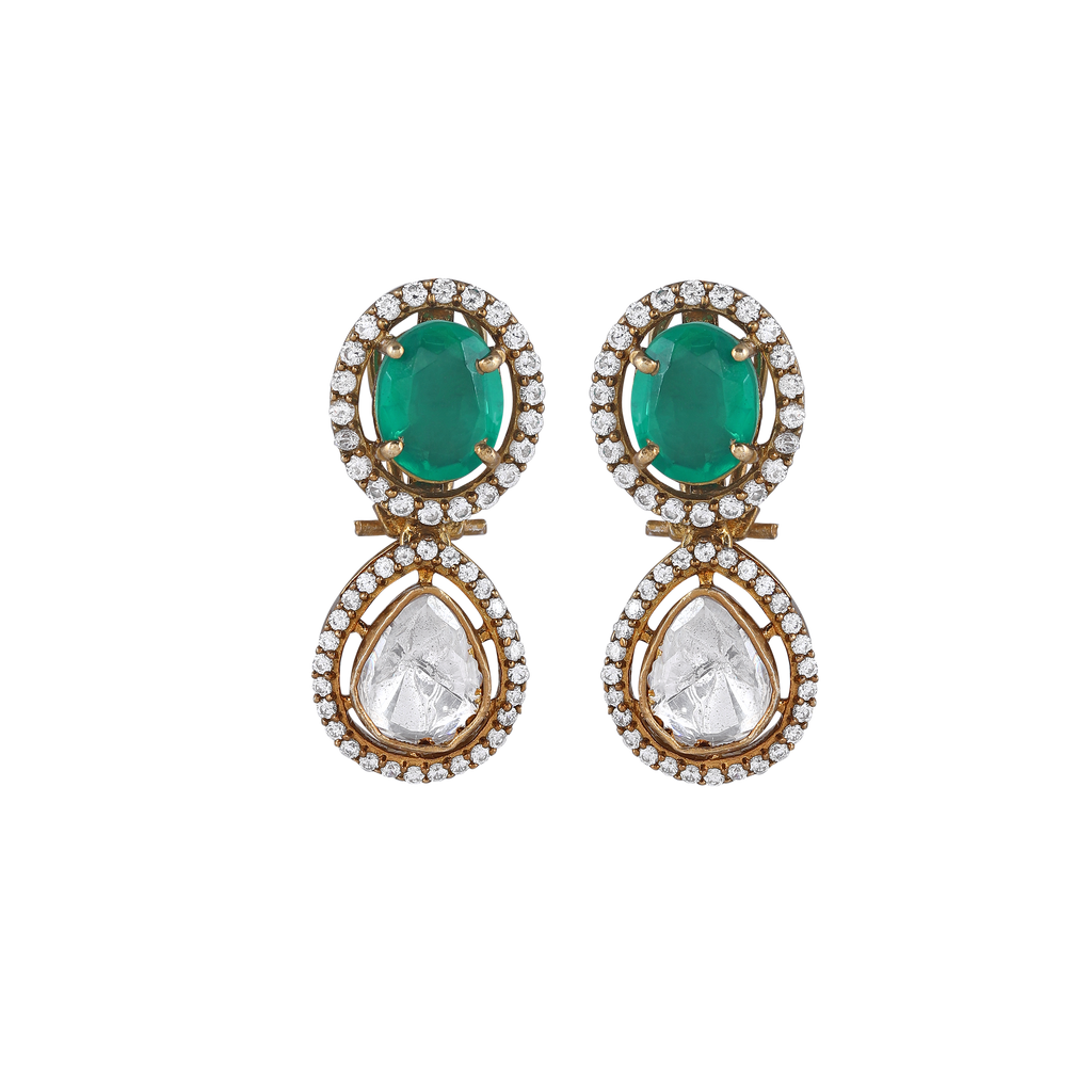 Green Stone Polki Pattern Silver Gilt Drop Earrings