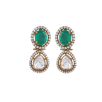 Green Stone Polki Pattern Silver Gilt Drop Earrings