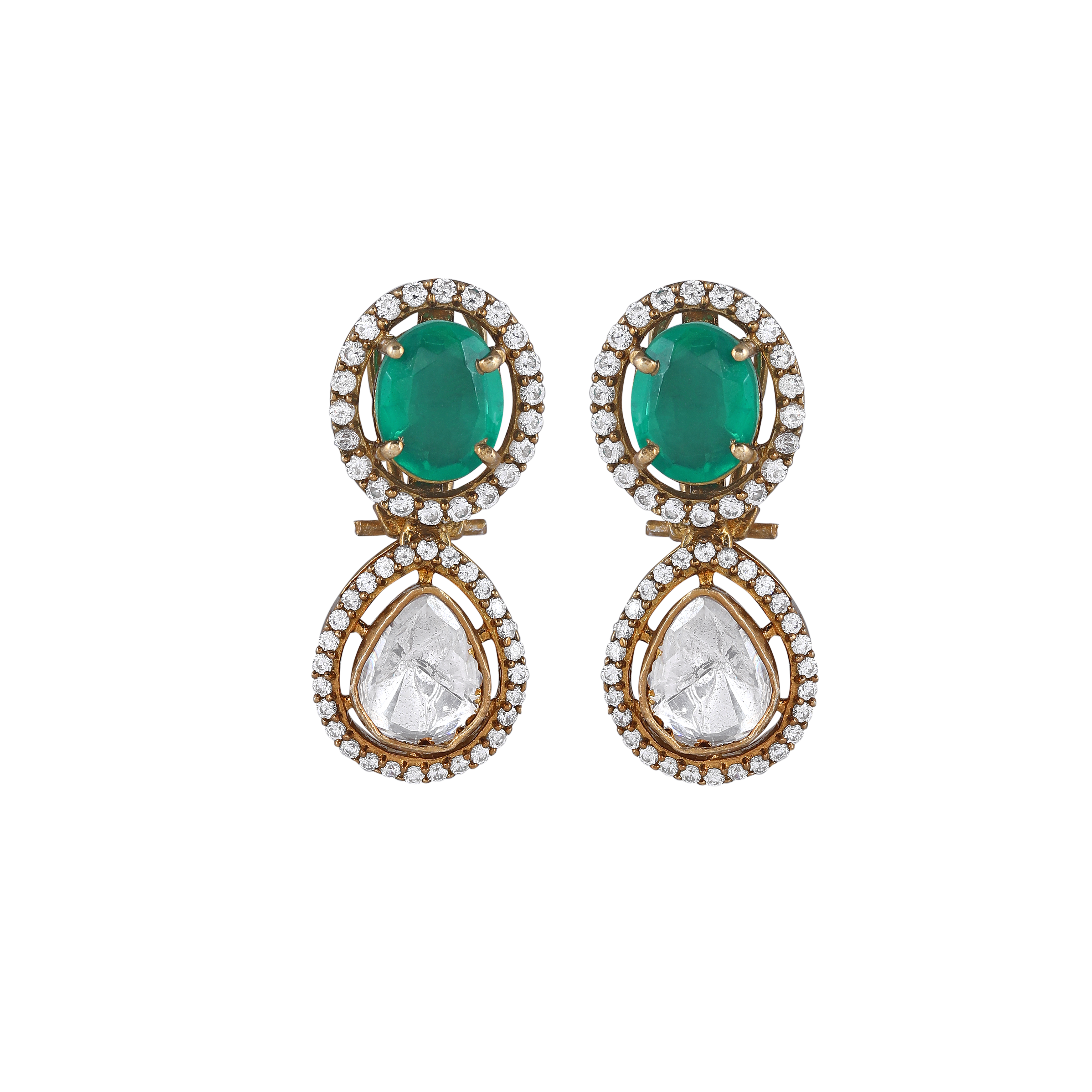 Green Stone Polki Pattern Silver Gilt Drop Earrings