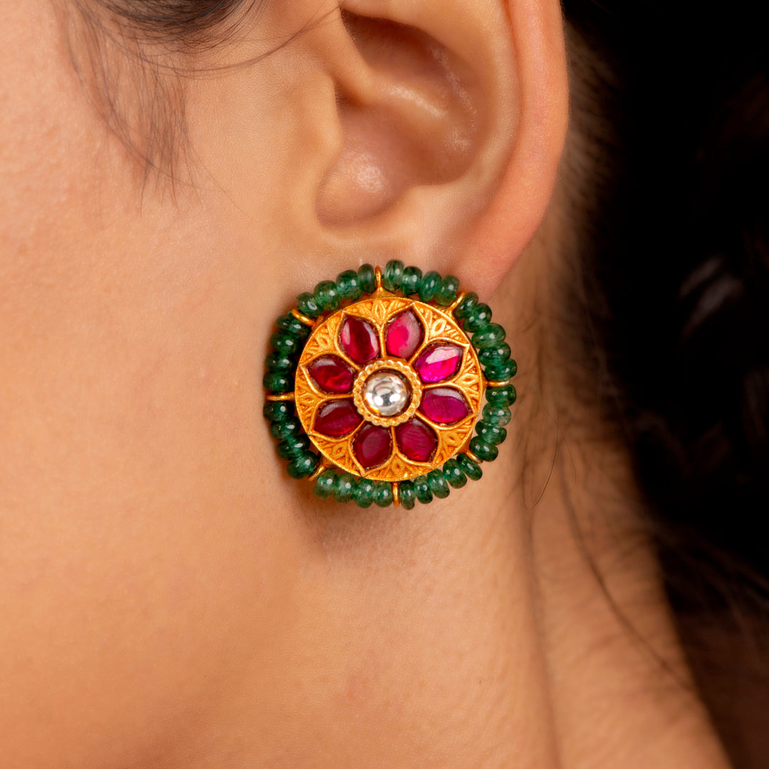 Silver Studs With Green Beads