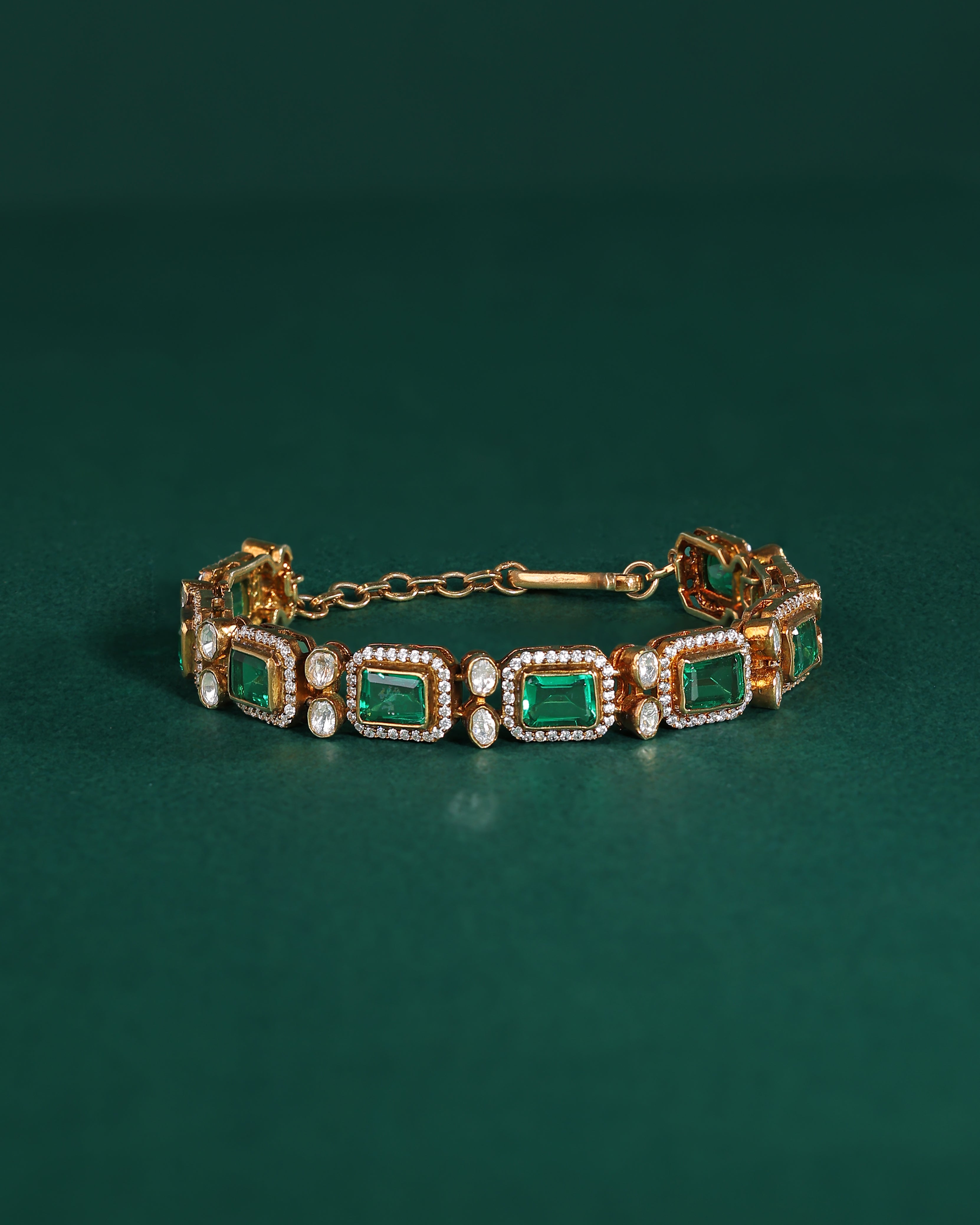 Silver Polki Pattern Bracelet With Green Stones