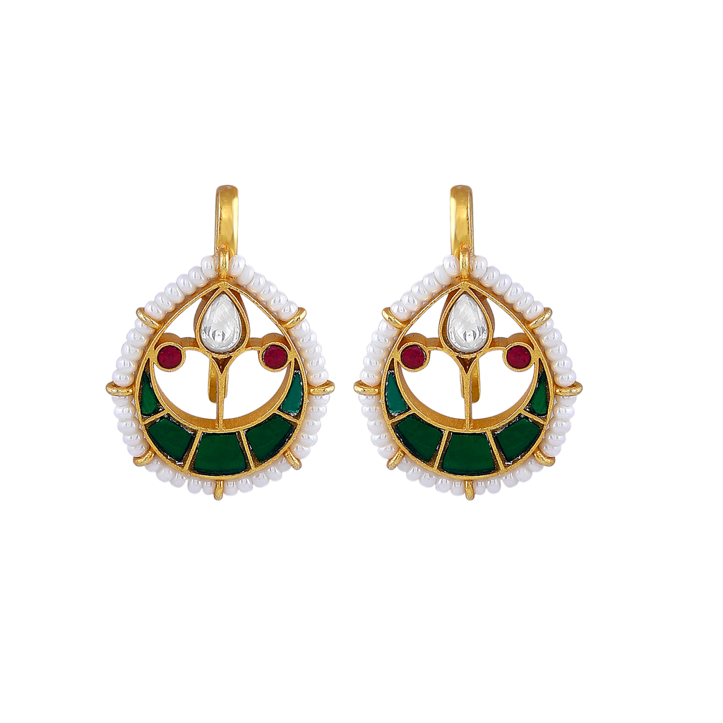 Kundan Pattern Silver Drop Earrings