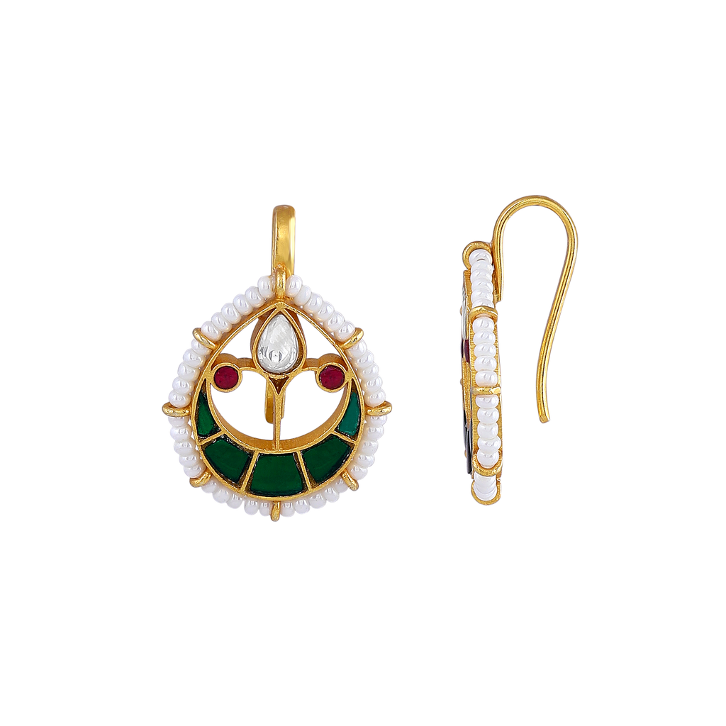 Kundan Pattern Silver Drop Earrings