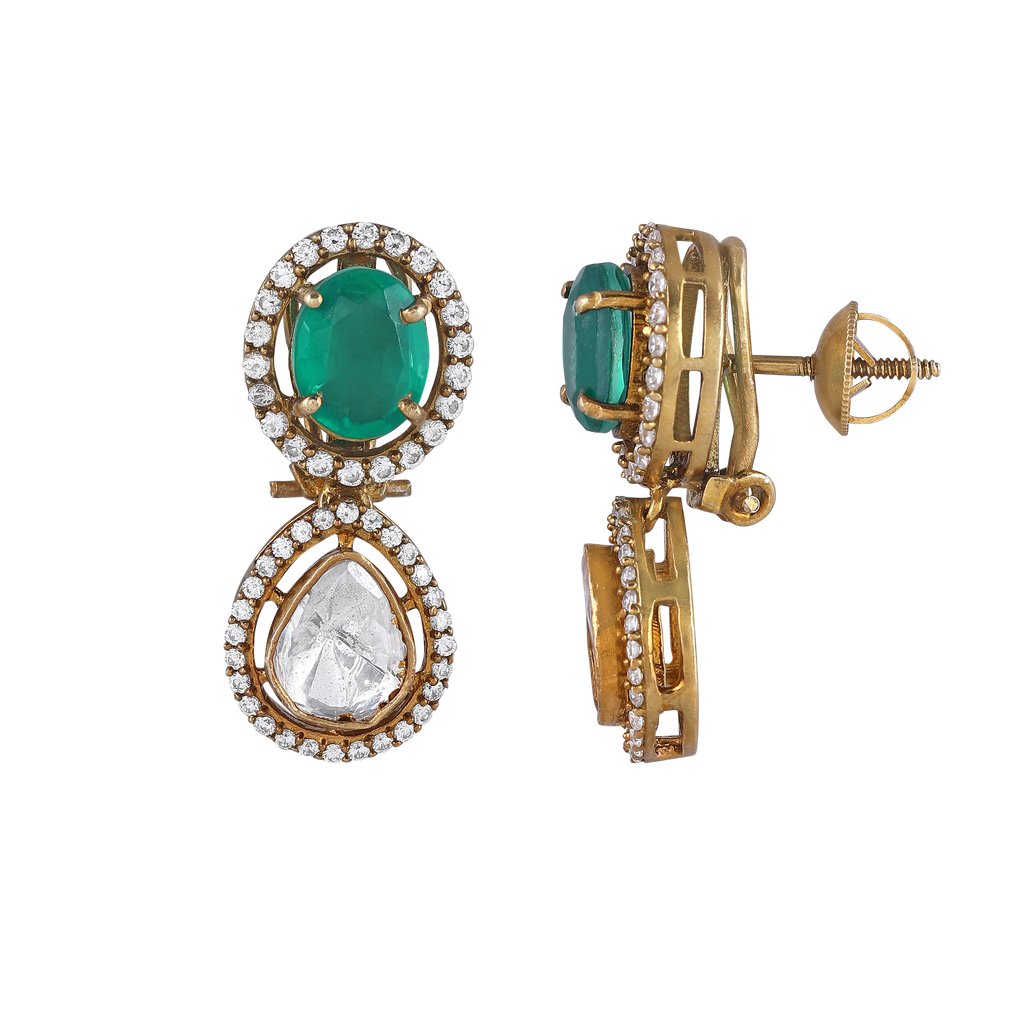 Green Stone Polki Pattern Silver Gilt Drop Earrings