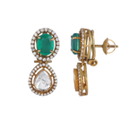 Green Stone Polki Pattern Silver Gilt Drop Earrings