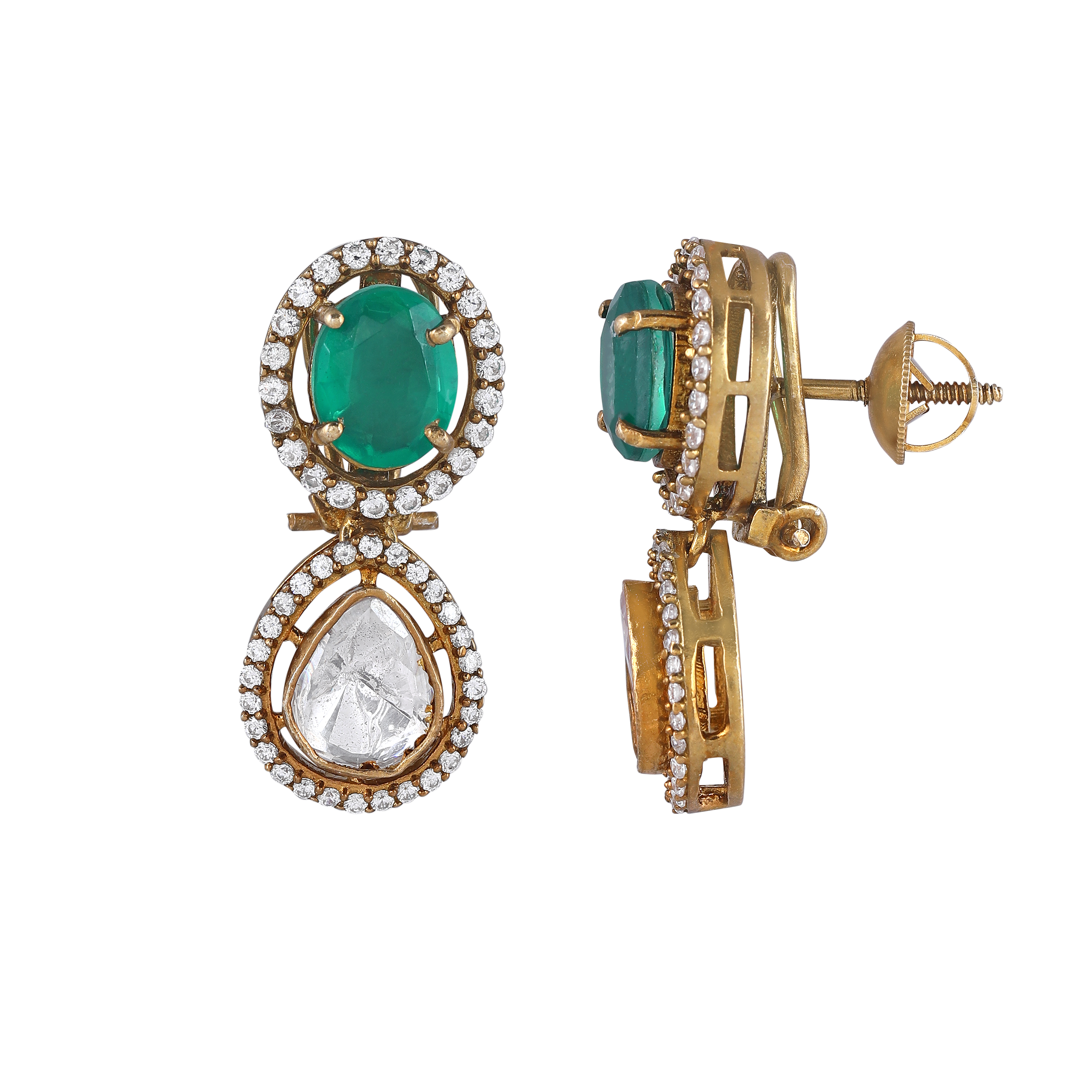 Green Stone Polki Pattern Silver Gilt Drop Earrings
