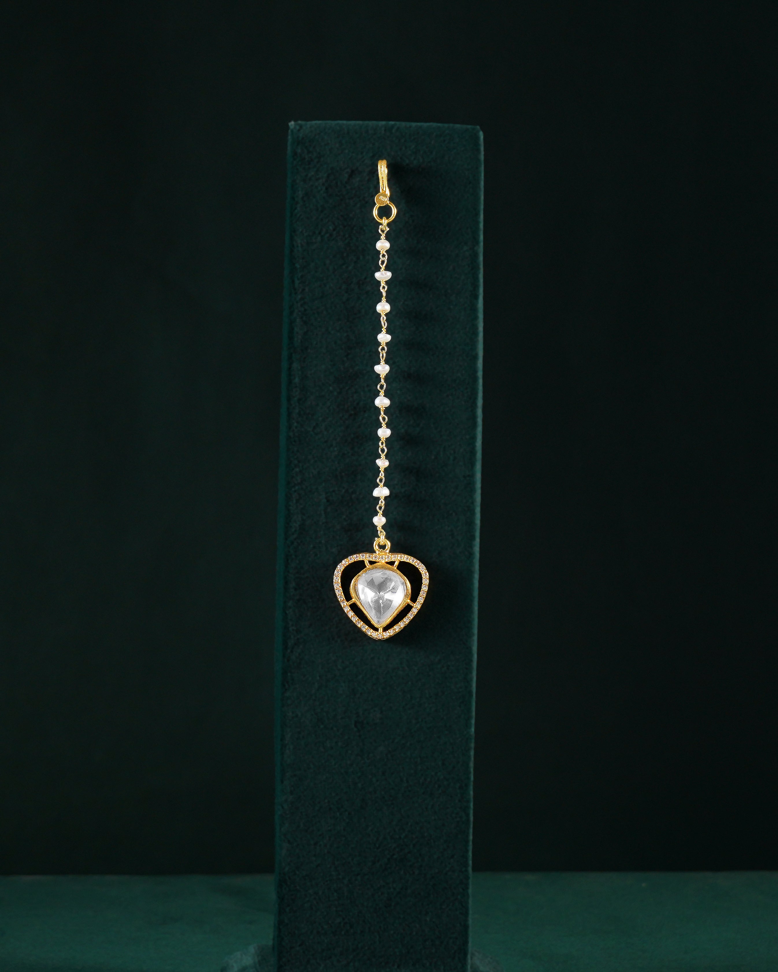 Silver Gold-Plated Heart Maang Tikka with Pearl Chain