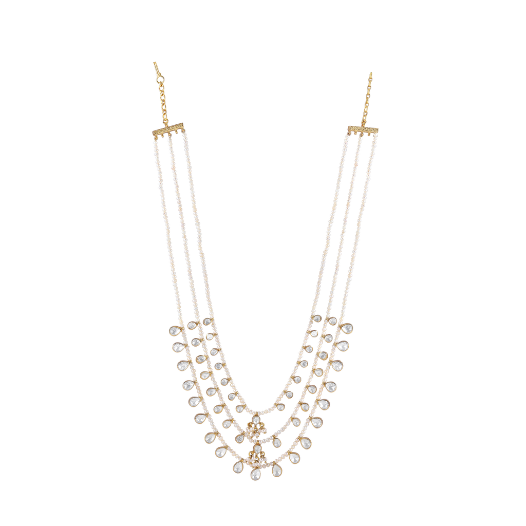 Triple-Layered 92.5 Silver Polki Haram with Seed Pearl Accents