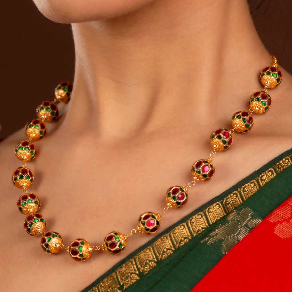 Gold-Tone Silver Kundan Pattern Bead Necklace