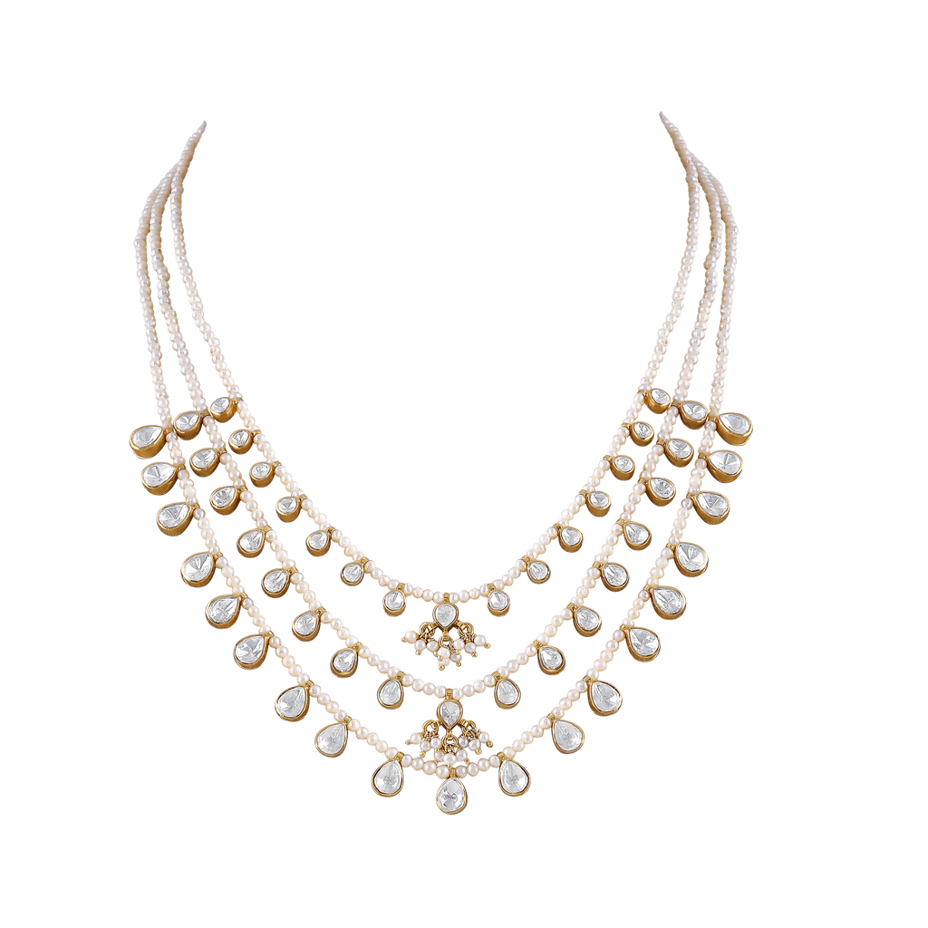 Triple-Layered 92.5 Silver Polki Haram with Seed Pearl Accents