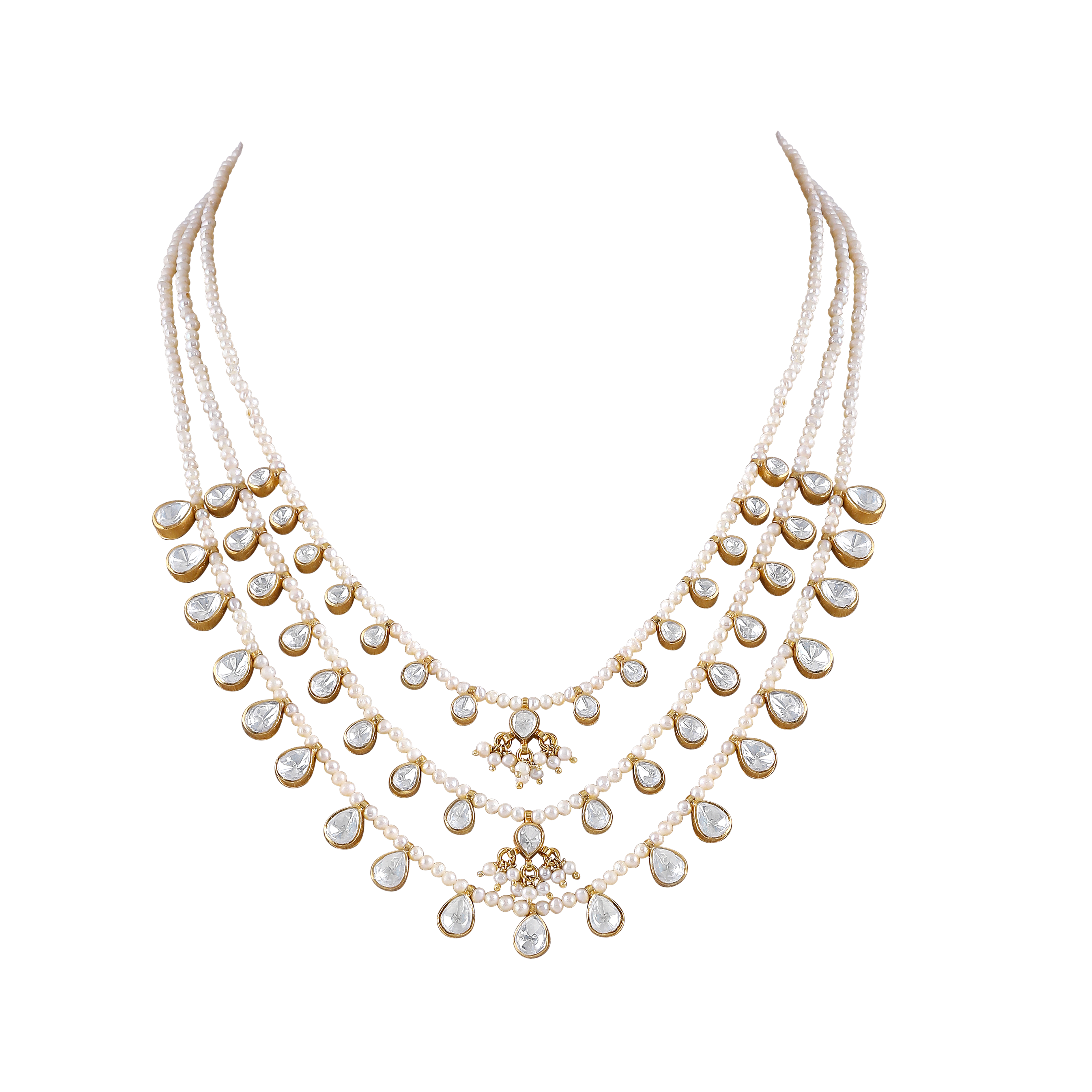 Triple-Layered 92.5 Silver Polki Haram with Seed Pearl Accents