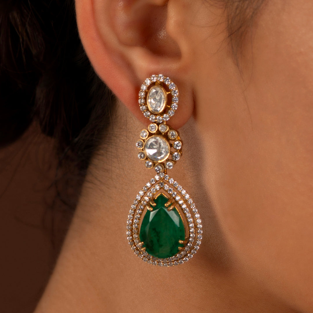 Polki Pattern Silver Floral Drop Earrings in Gold-Plated
