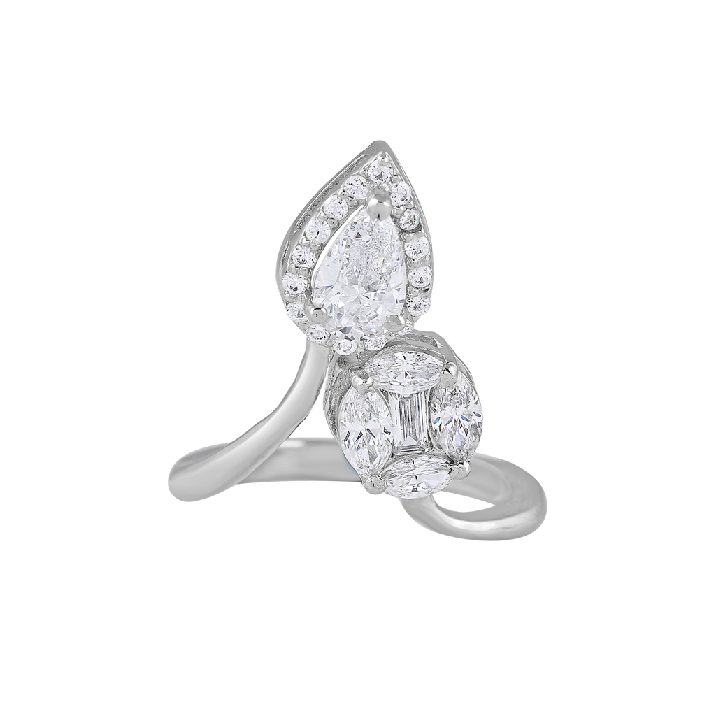 Radiant Pear & Circular CZ Bypass Silver Ring