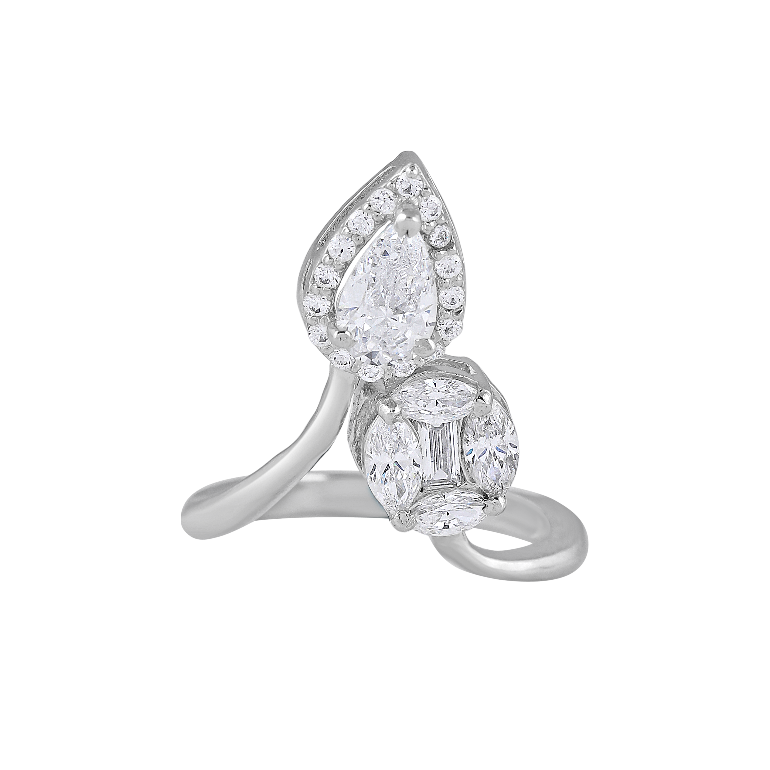 Radiant Pear & Circular CZ Bypass Silver Ring