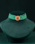 Silver Green Bead Choker Necklace With Kundan Pattern Pendant