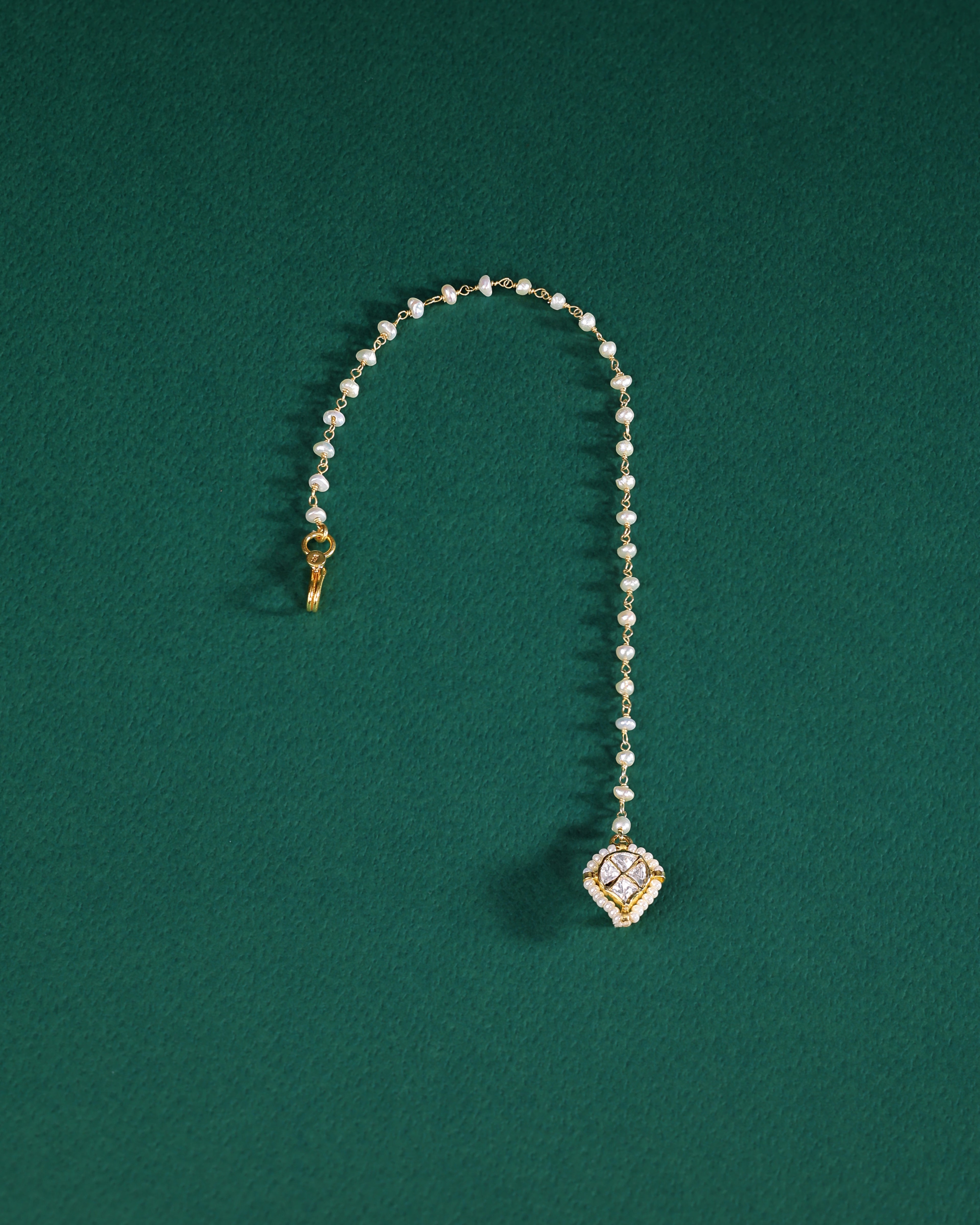 92.5 Silver CZ Nose Ring with Delicate Pearl Chain