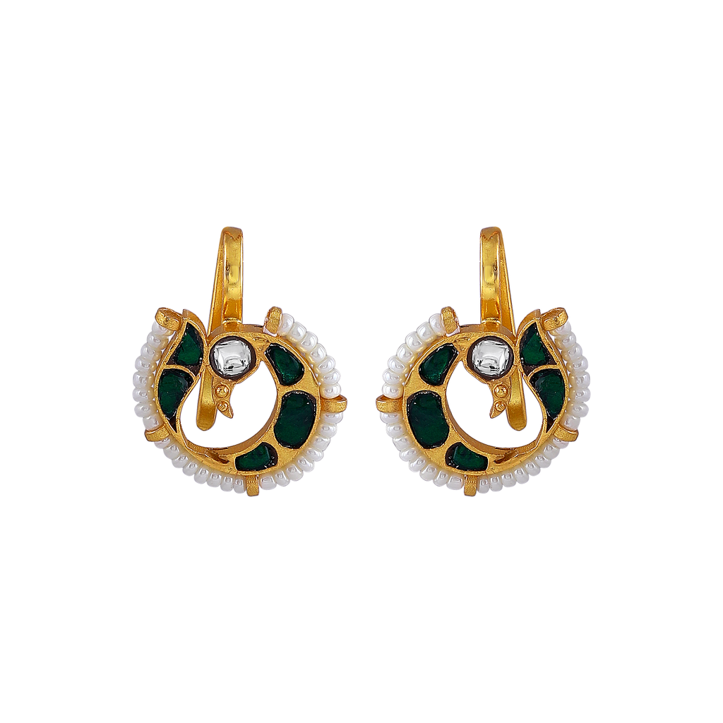 Silver Peacock Bugadi Earrings with Green Accents