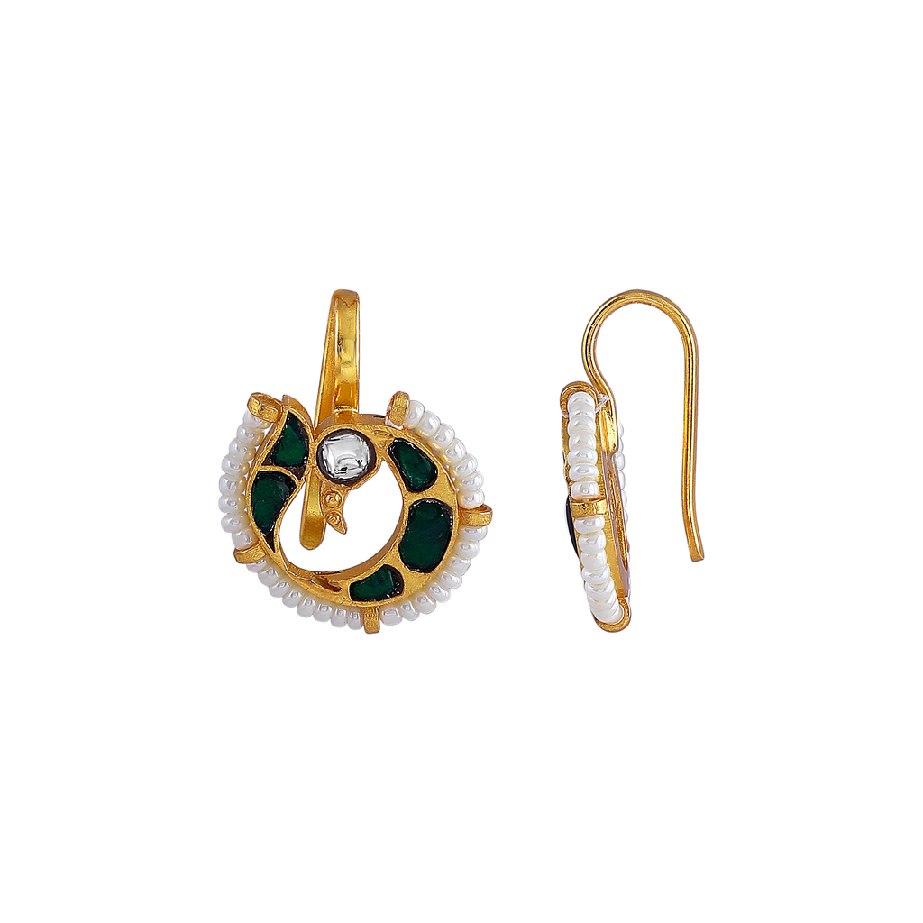 Silver Peacock Bugadi Earrings with Green Accents
