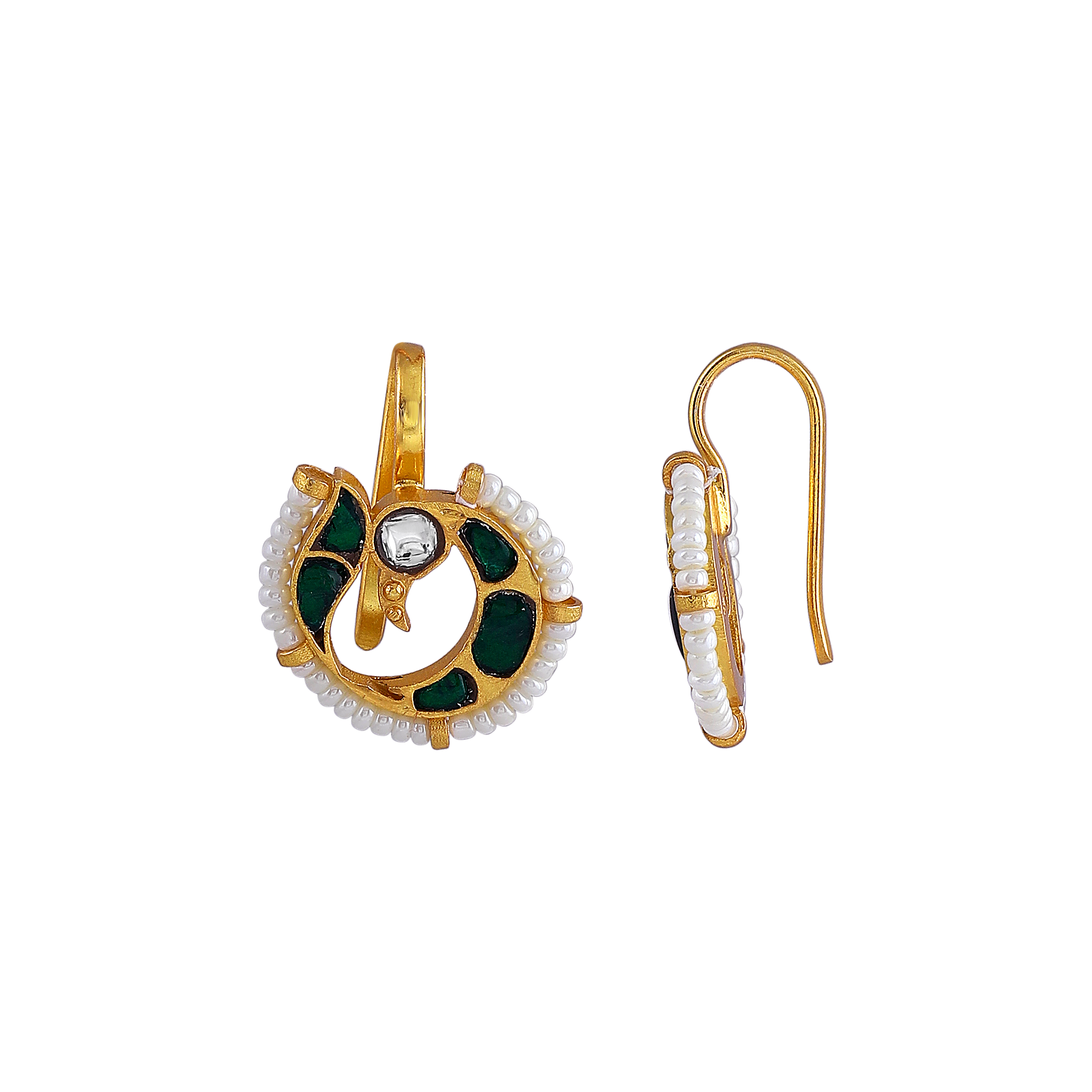 Silver Peacock Bugadi Earrings with Green Accents