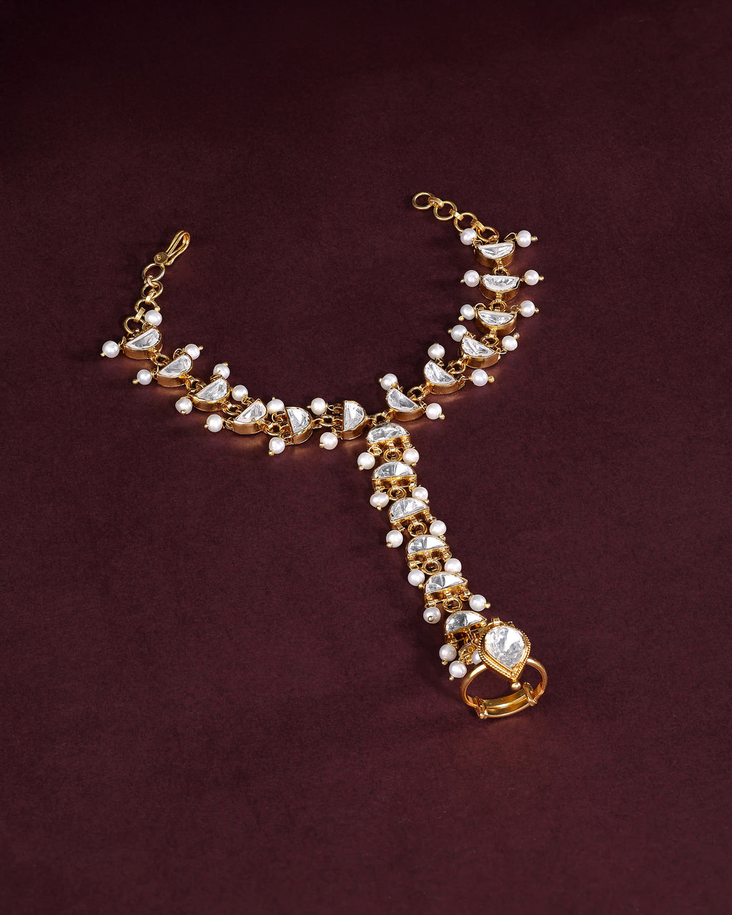 Silver Kundan Haath Phool with Delicate Pearl Accents