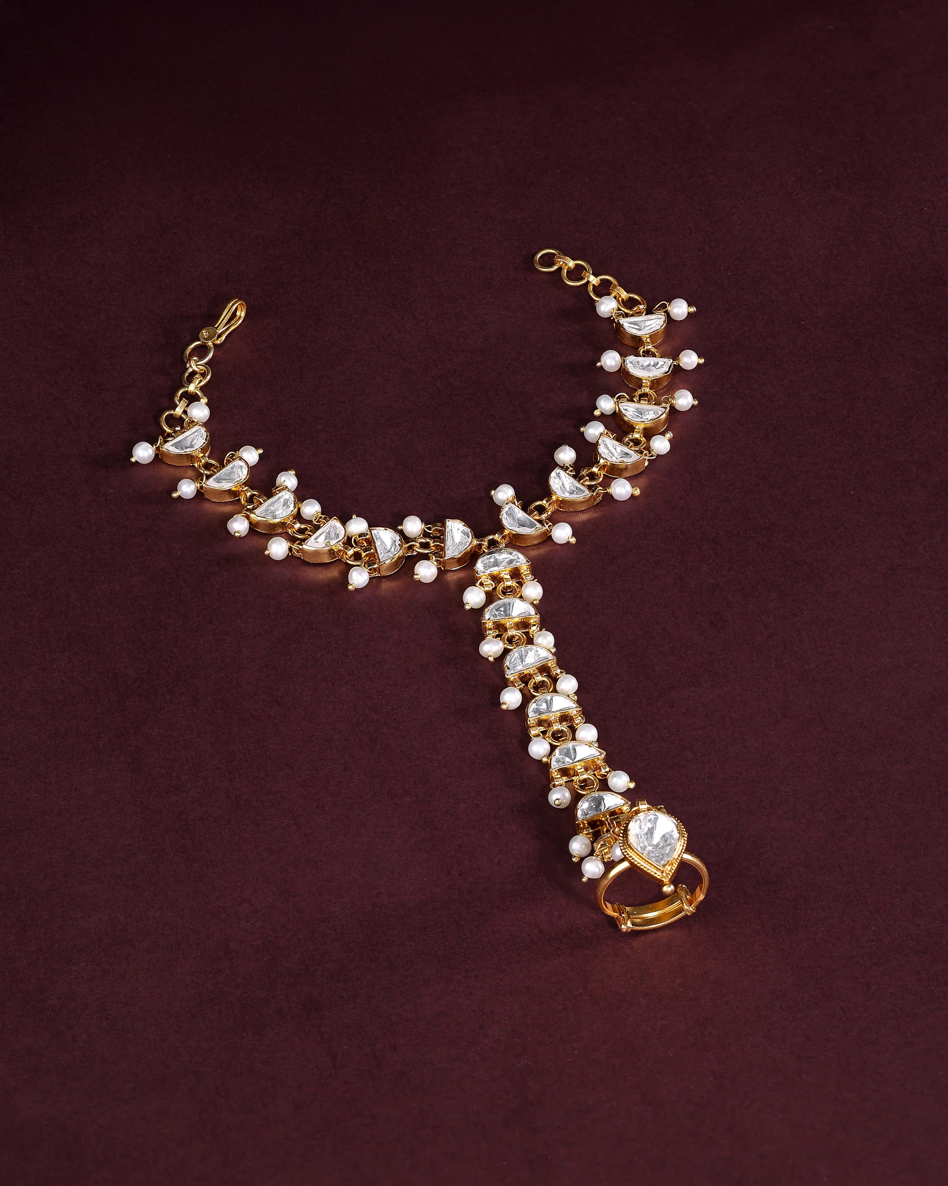 Silver Kundan Haath Phool with Delicate Pearl Accents