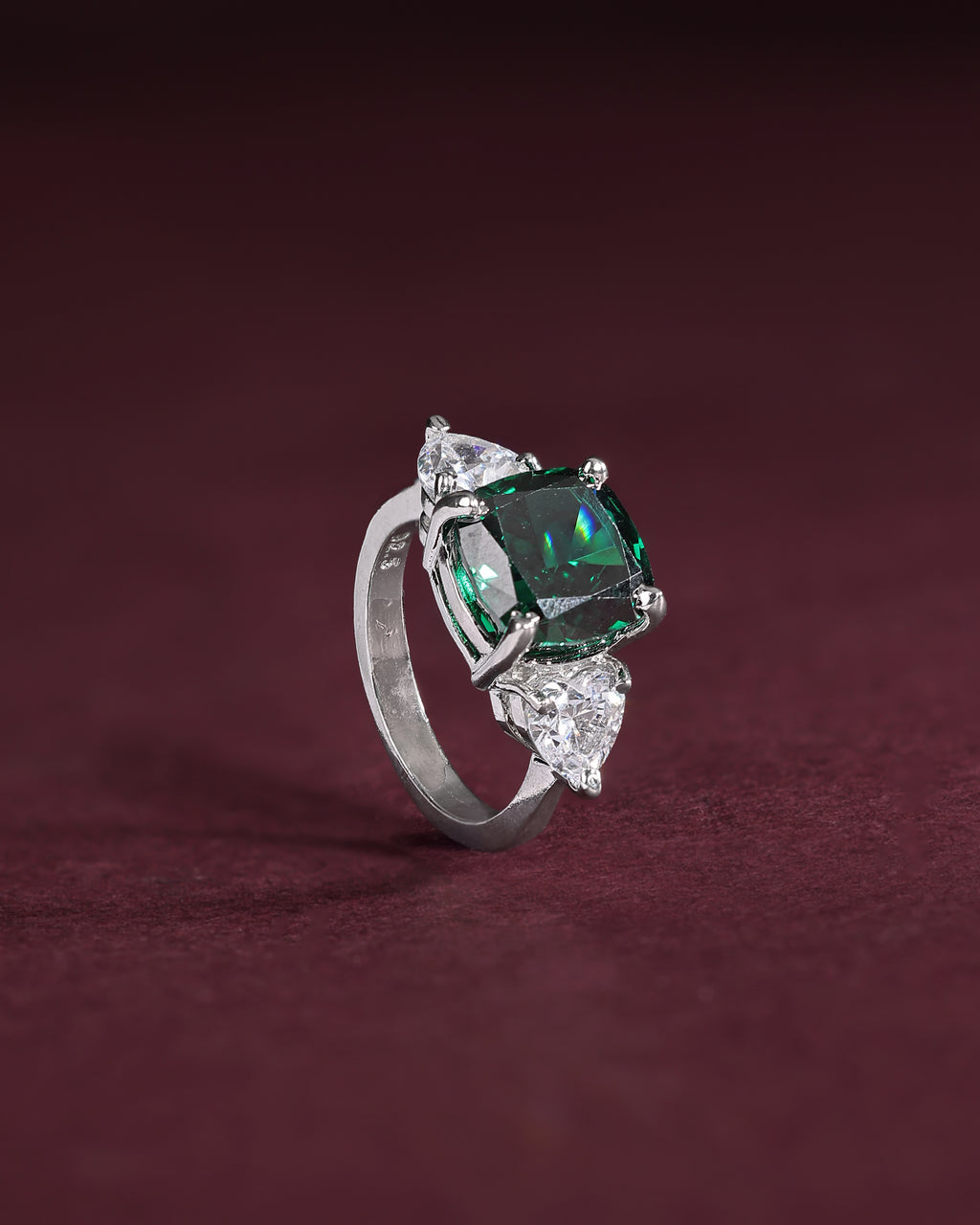 Regal Cushion-Cut Silver Ring with Green Stone
