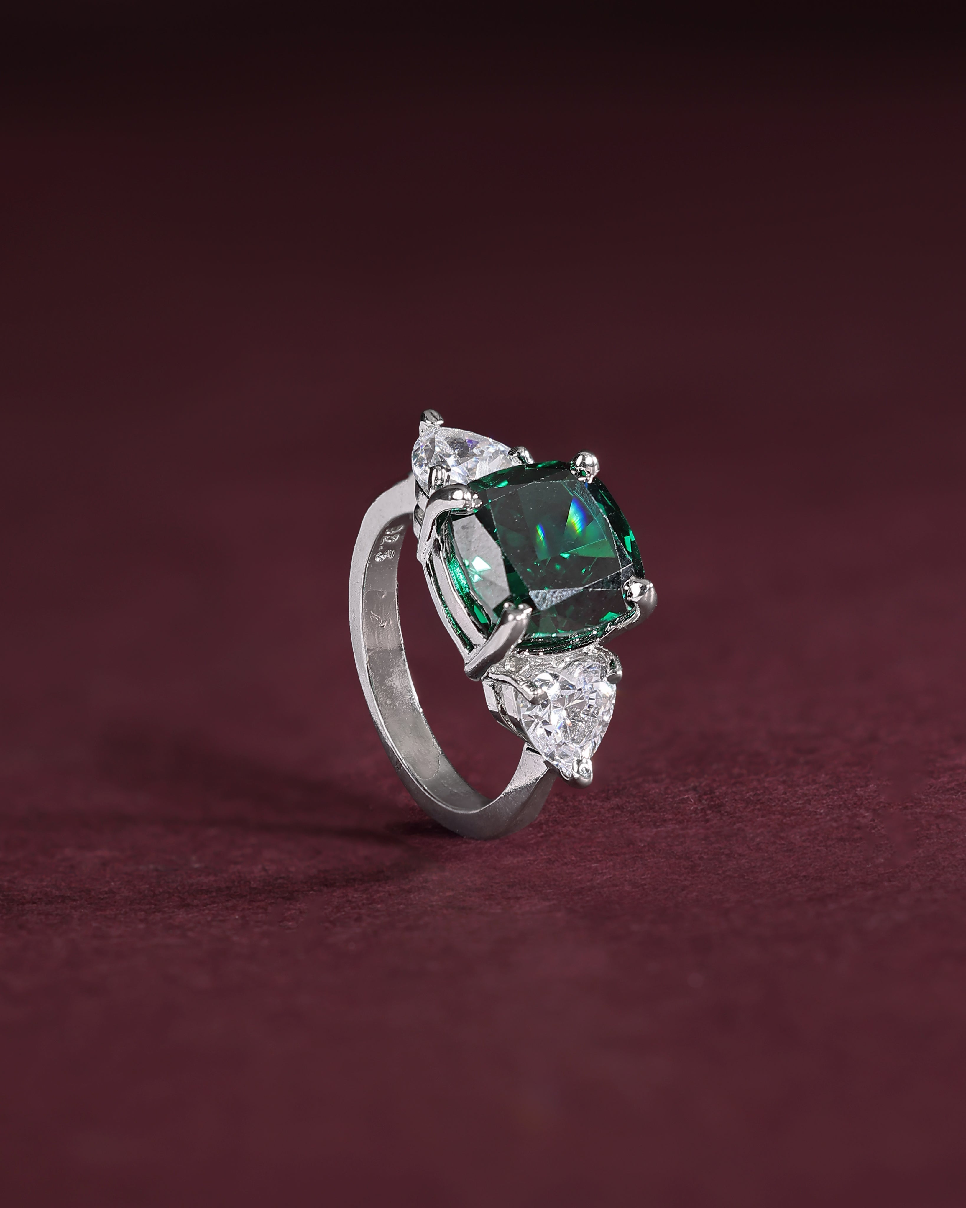 Regal Cushion-Cut Silver Ring with Green Stone