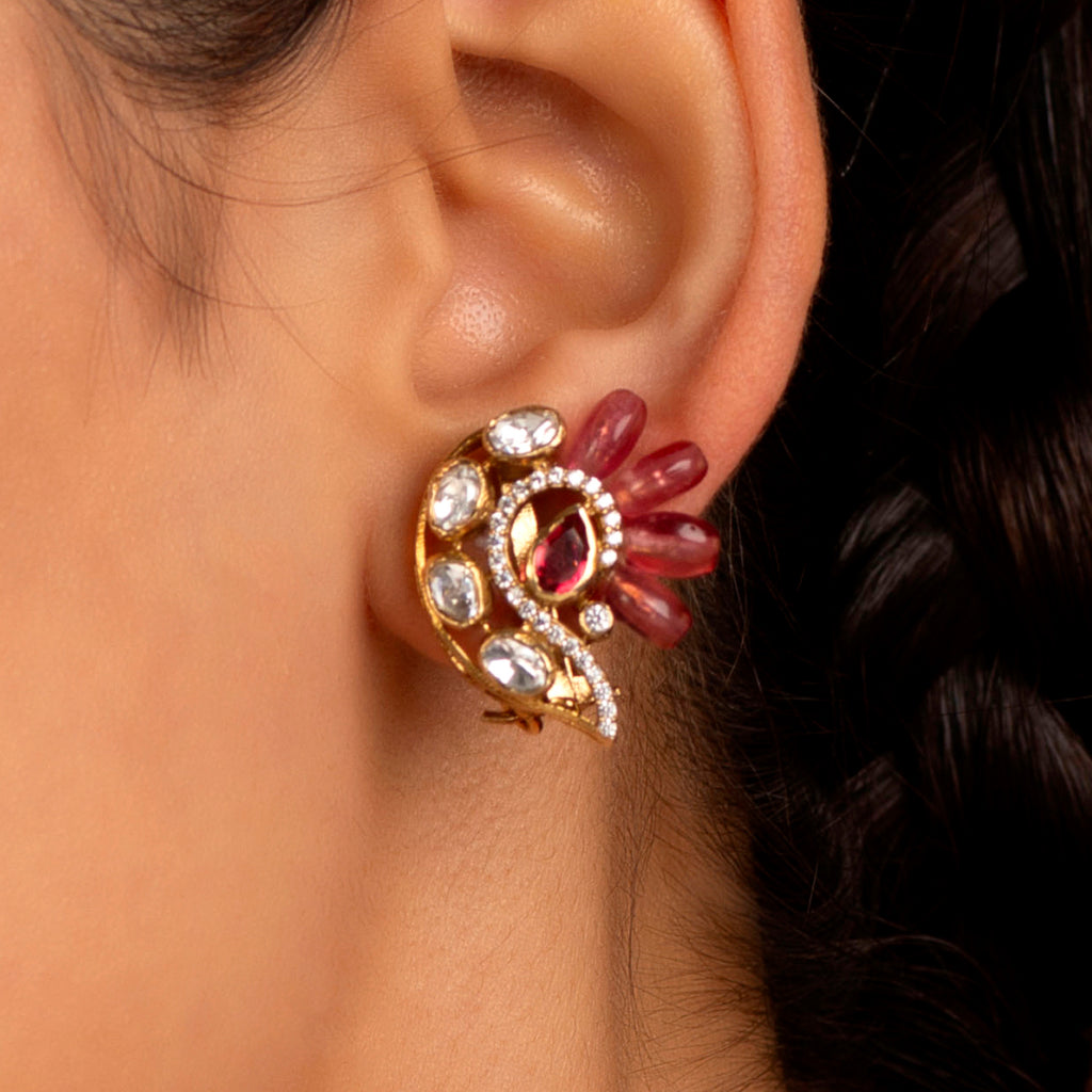 Silver Peacock Stud Earrings in Pink Stone