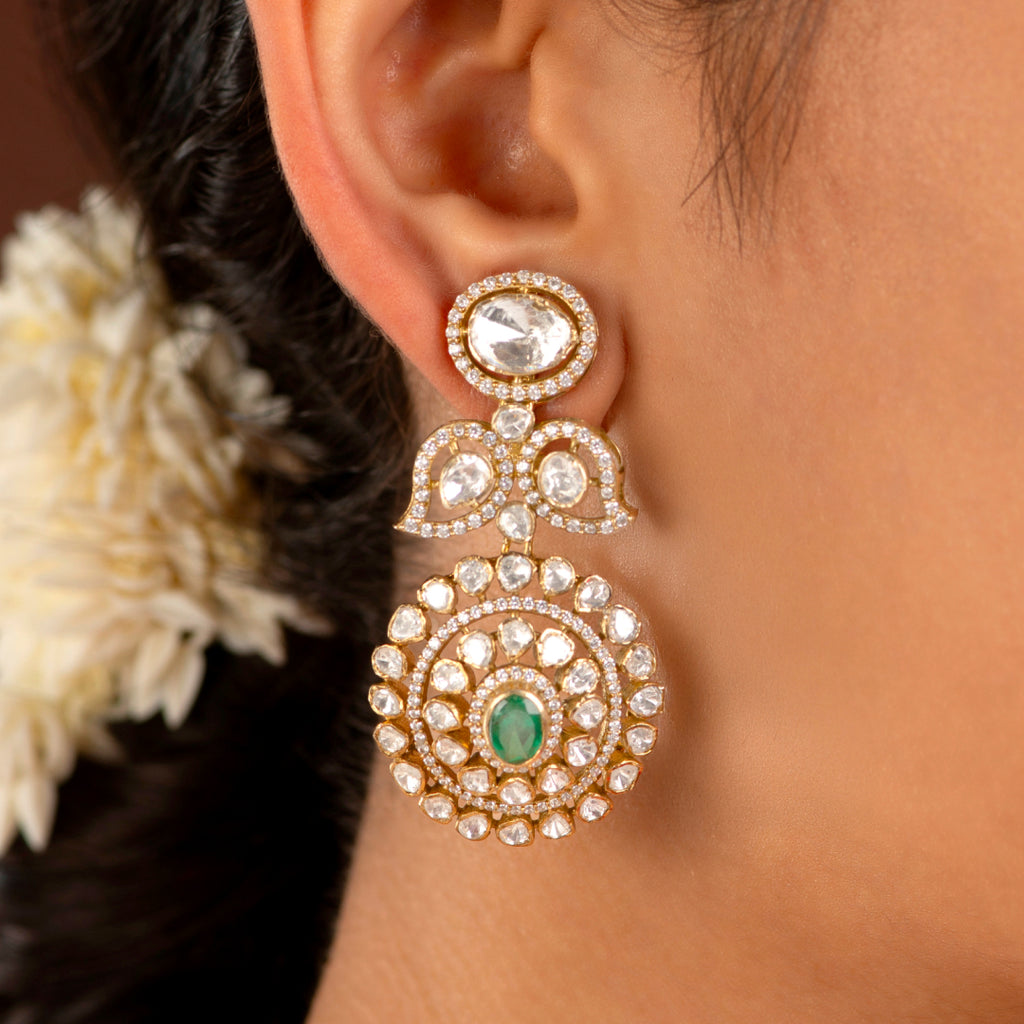 Empress Leaf-Motif Polki Style Silver Drop Earrings