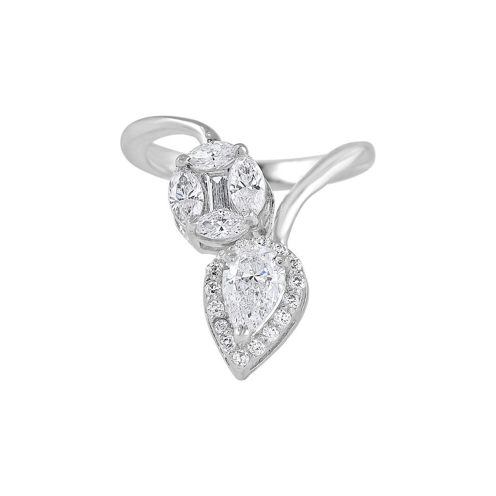 Radiant Pear & Circular CZ Bypass Silver Ring