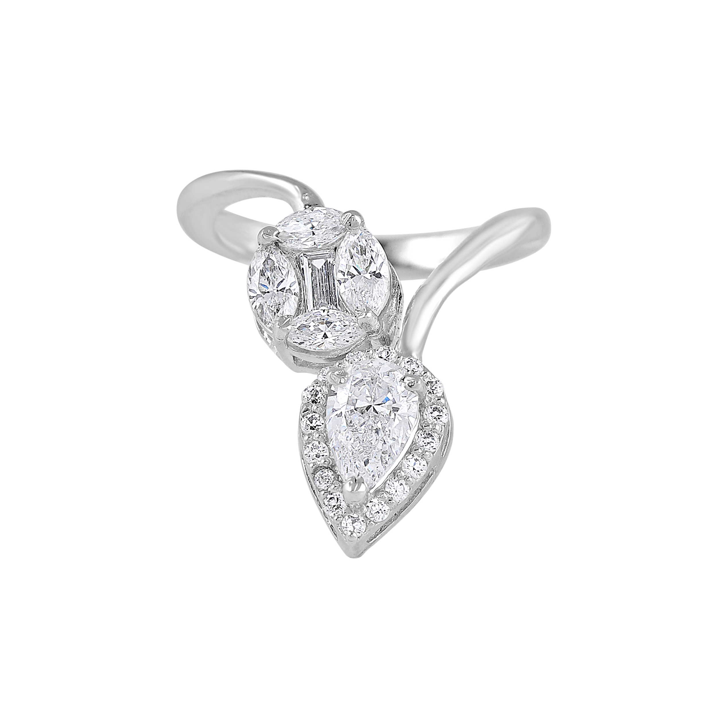 Radiant Pear & Circular CZ Bypass Silver Ring