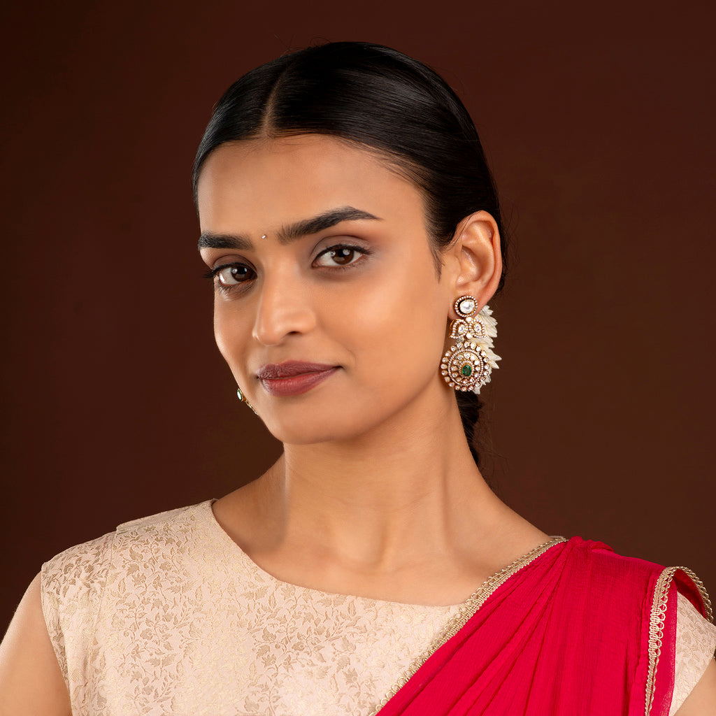 Empress Leaf-Motif Polki Style Silver Drop Earrings