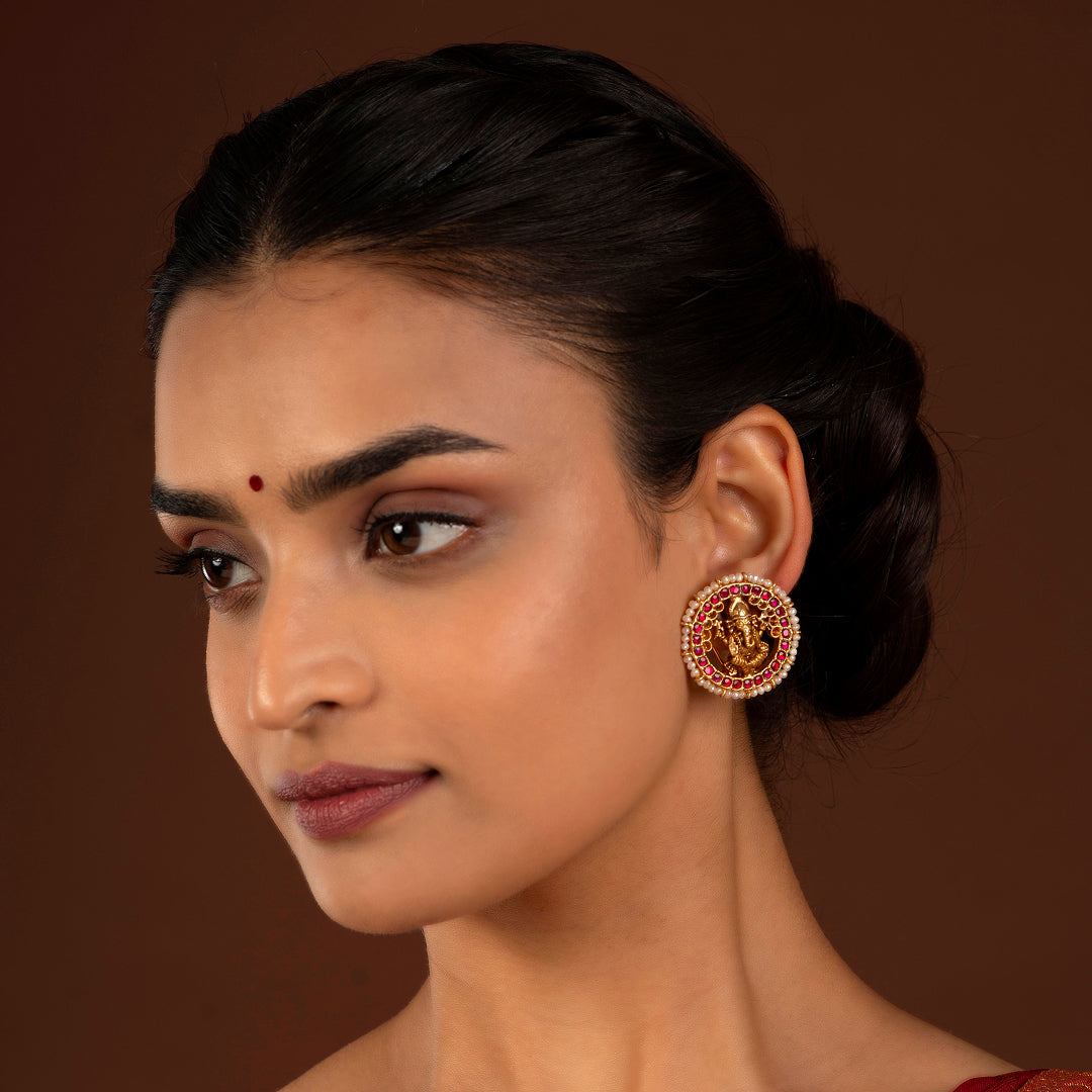 Divine Ganesha Silver Gold-Plated Studs