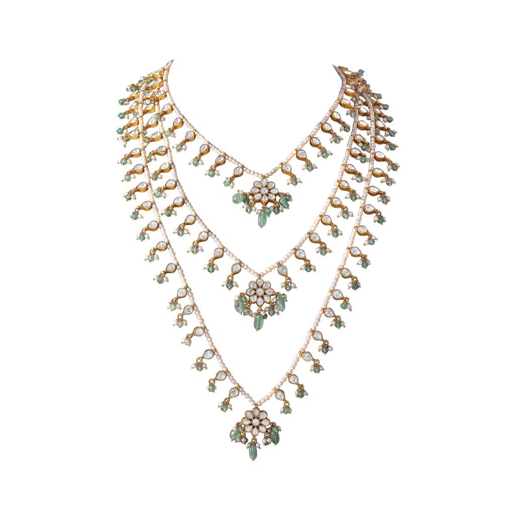 Floral Polki Layered Haram in 92.5 Silver