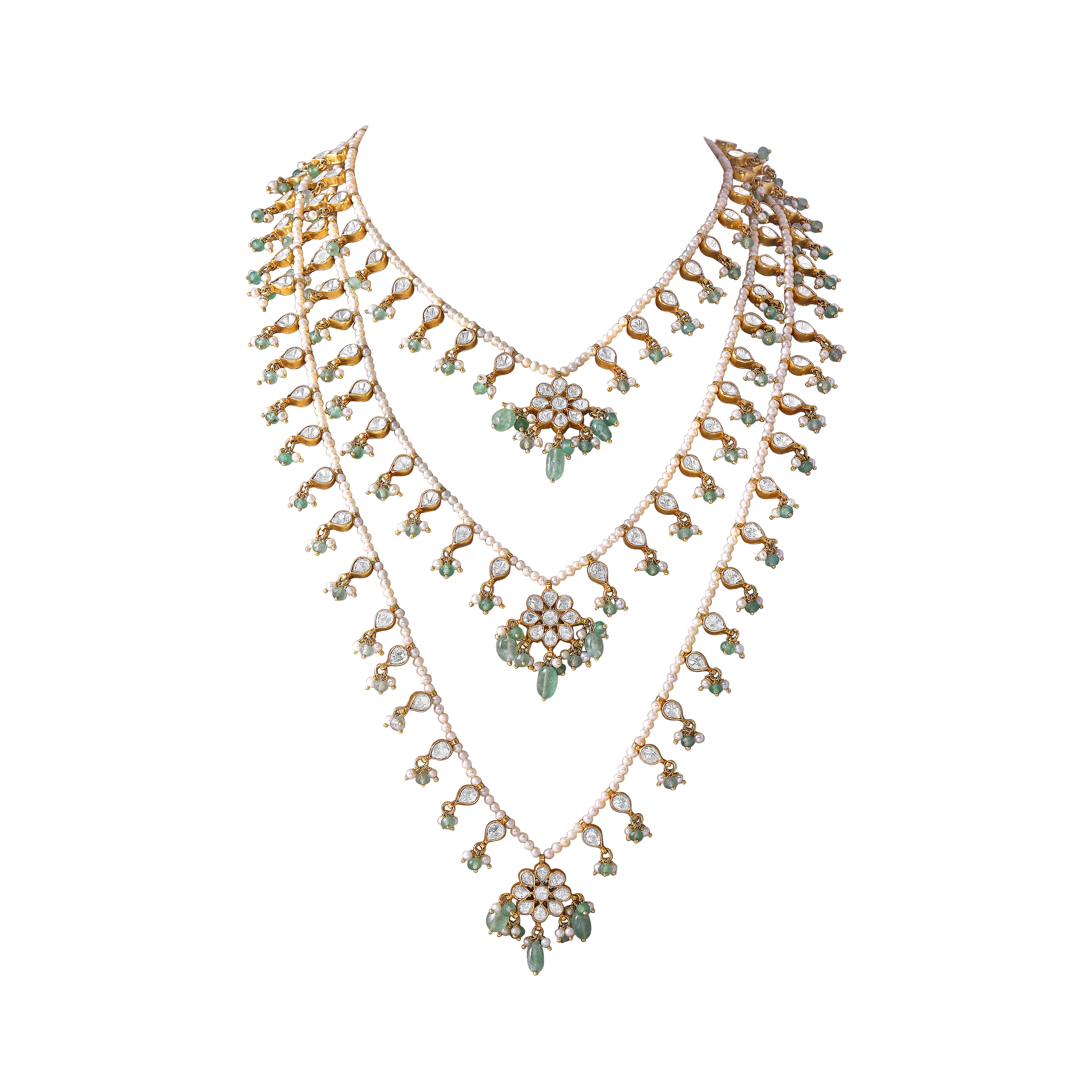 Floral Polki Layered Haram in 92.5 Silver