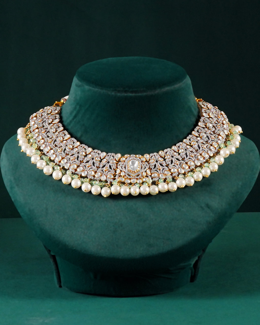 Silver Polki Pattern Short Necklace with Pearl Drops