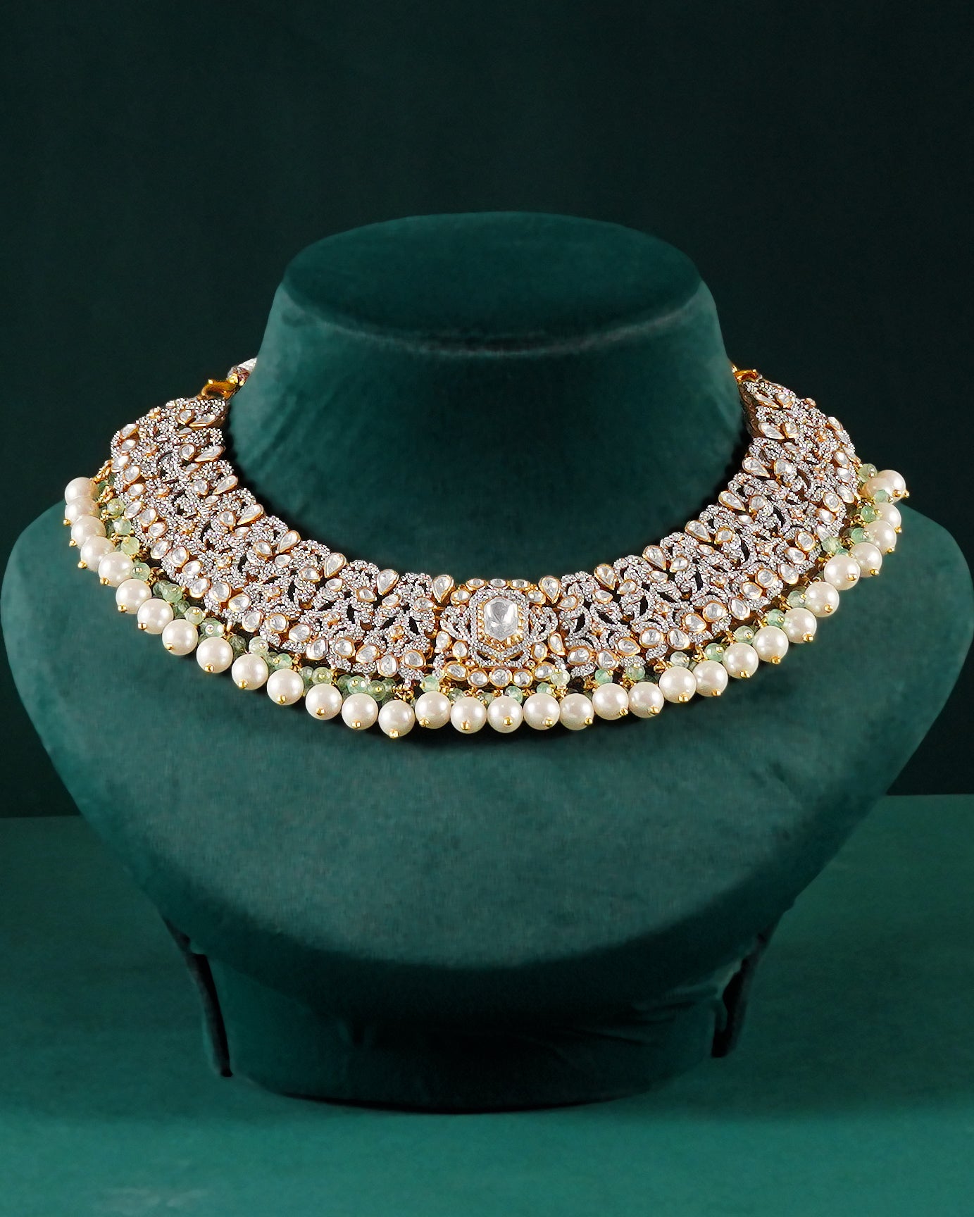 Silver Polki Pattern Short Necklace with Pearl Drops