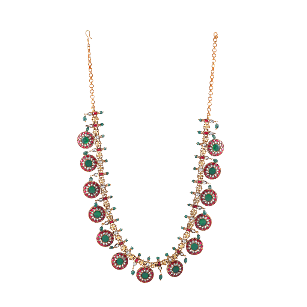 Silver Kundan Pattern Bottu Necklace with Green Beads