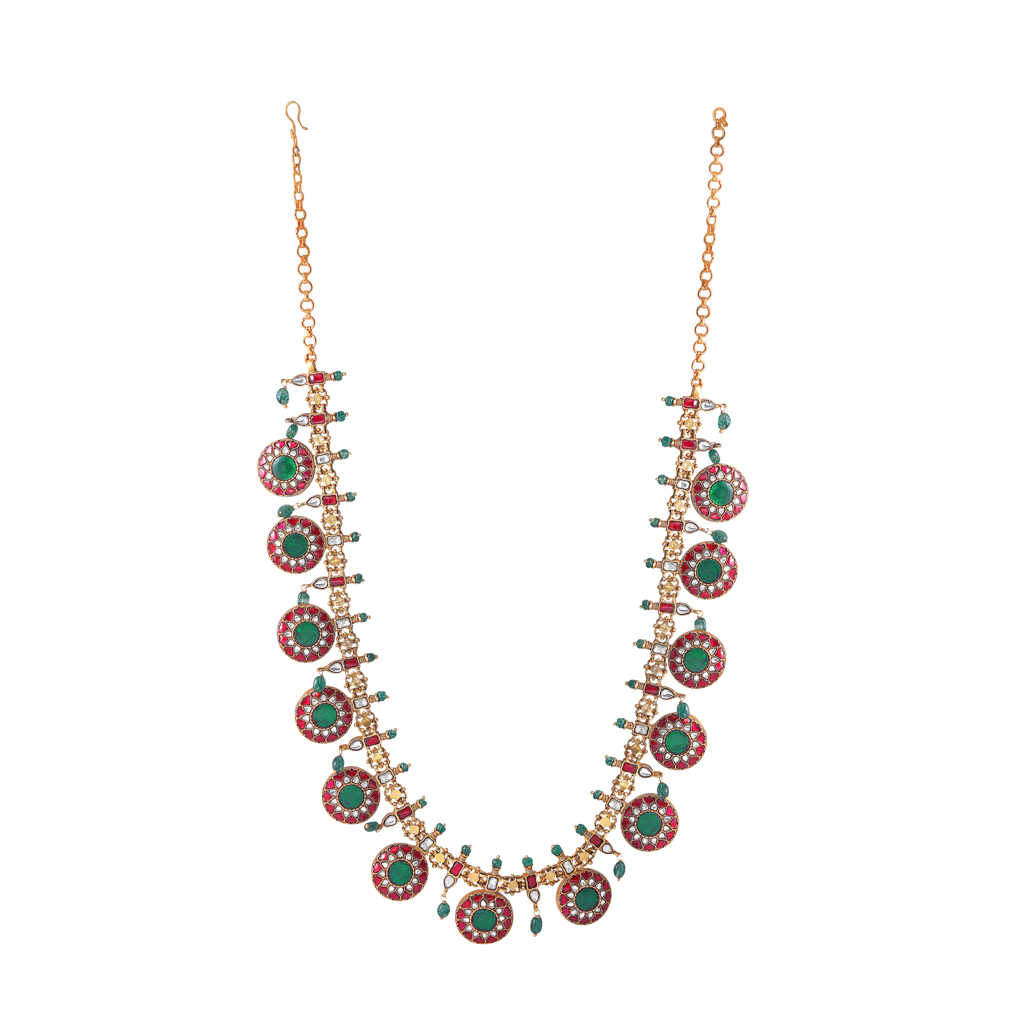 Silver Kundan Pattern Bottu Necklace with Green Beads