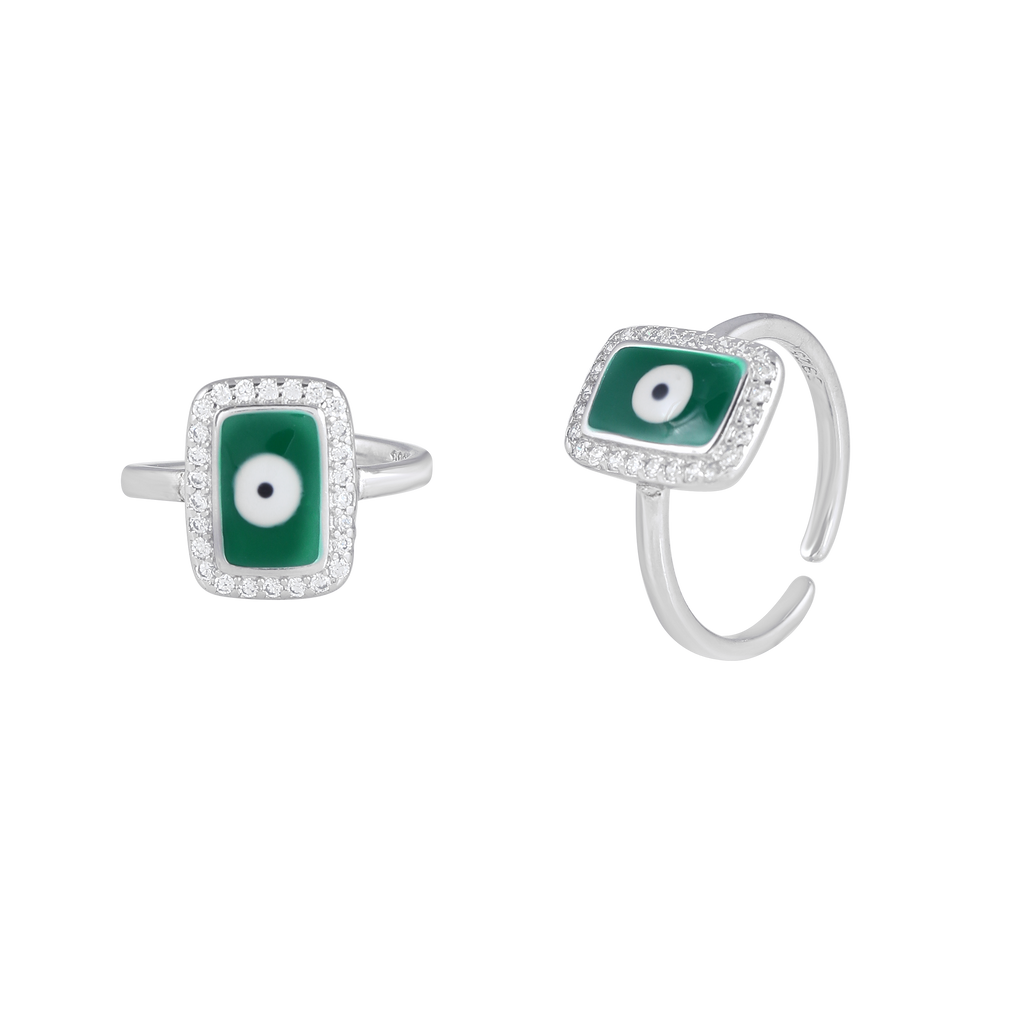 Silver Green Evil Eye Toe Ring Set