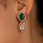 Green Stone Polki Pattern Silver Gilt Drop Earrings