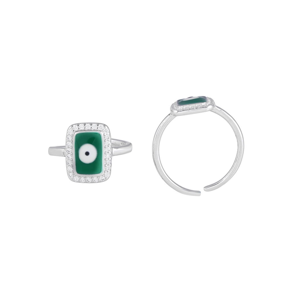 Silver Green Evil Eye Toe Ring Set