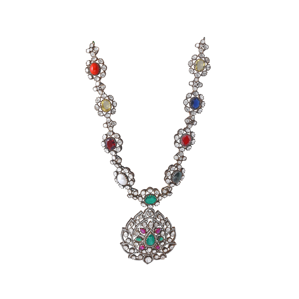 Silver Navaratna Polki Pattern Necklace with CZ Floral Medallion