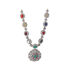 Silver Navaratna Polki Pattern Necklace with CZ Floral Medallion