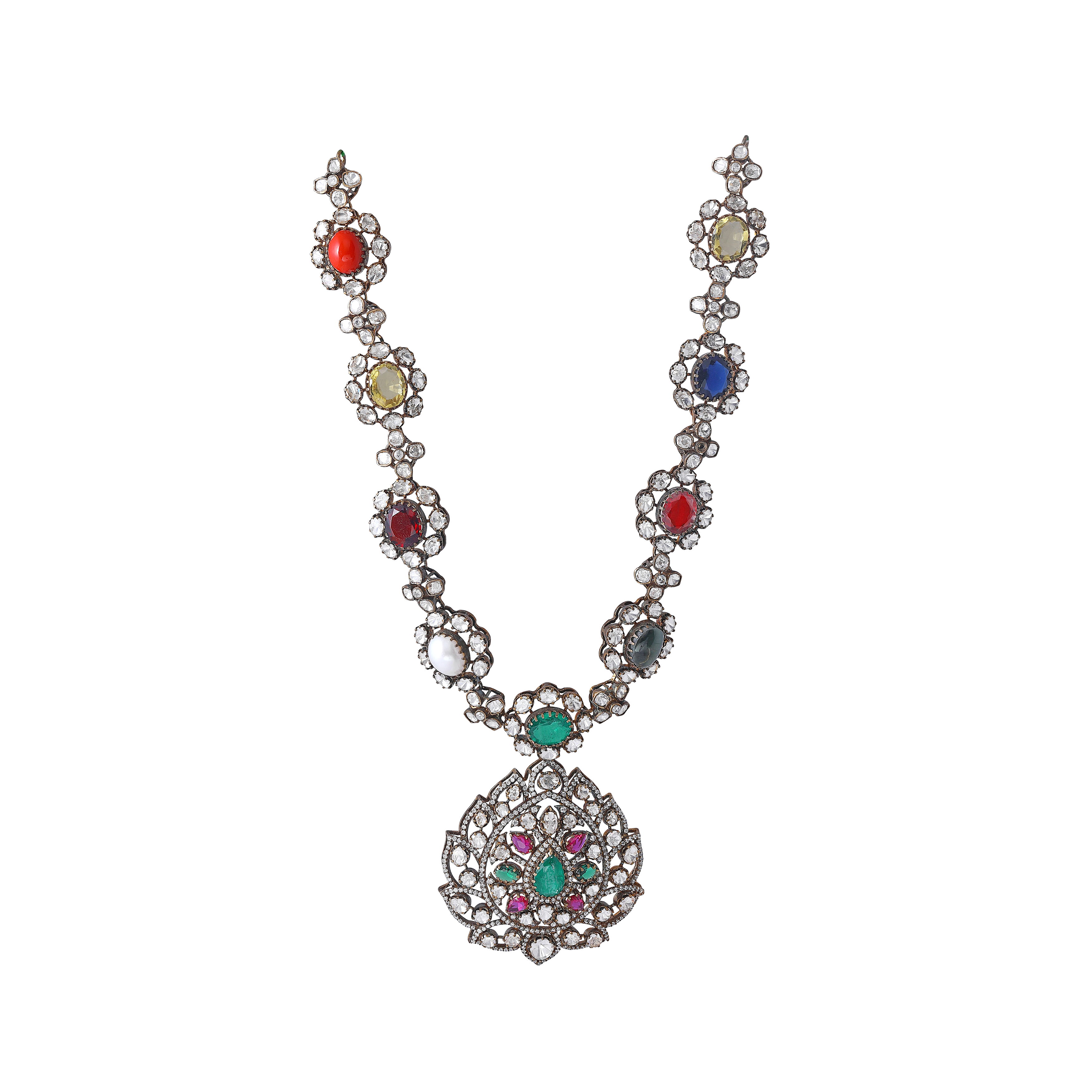 Silver Navaratna Polki Pattern Necklace with CZ Floral Medallion