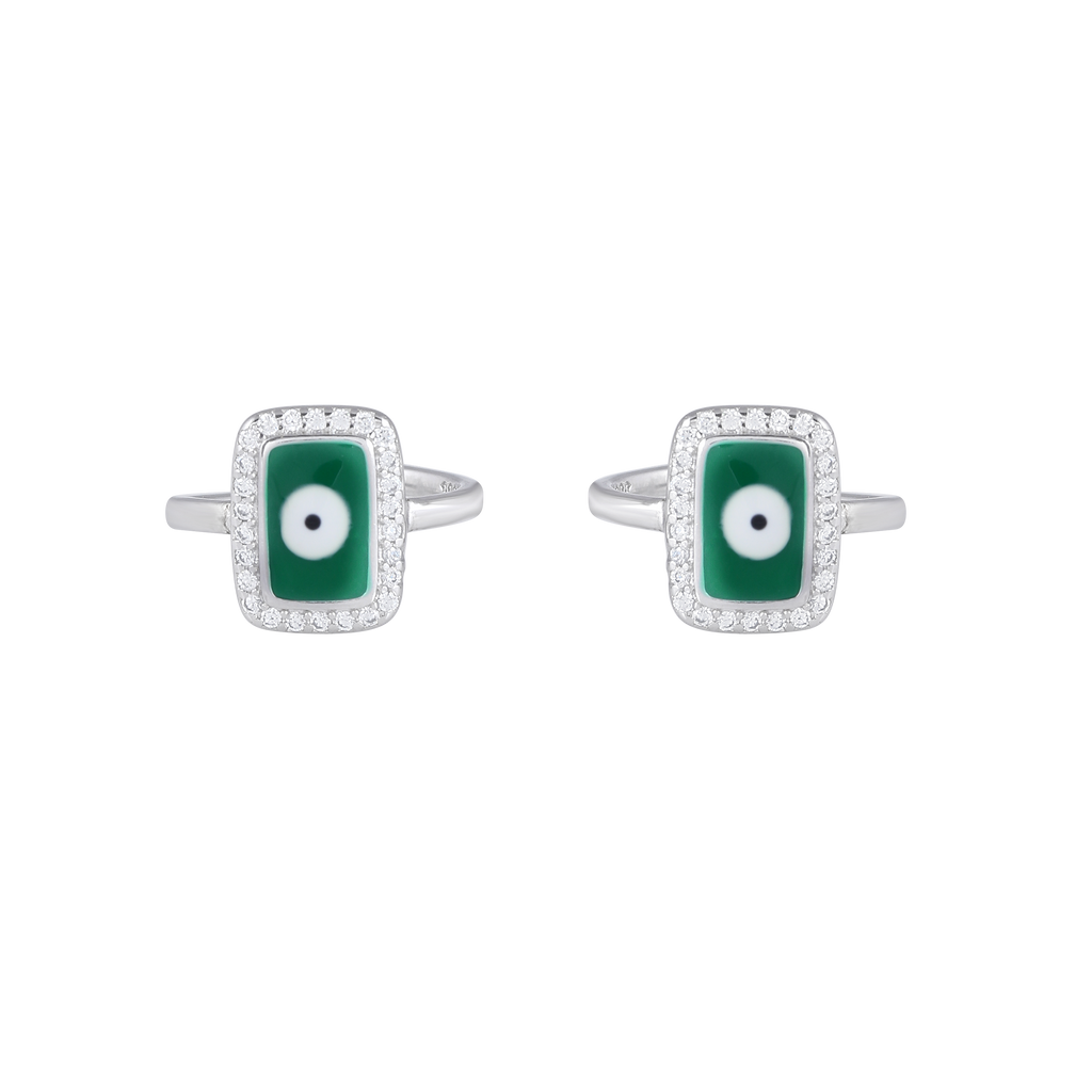 Silver Green Evil Eye Toe Ring Set
